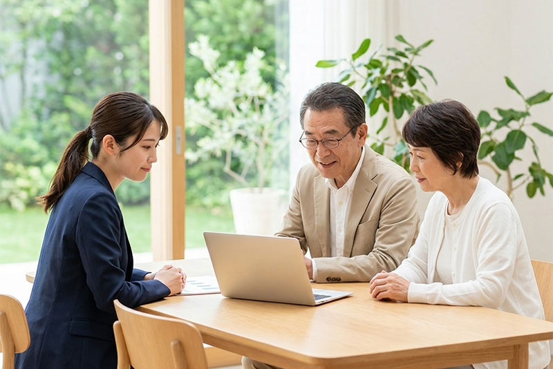 相談カウンターで戸建て売却の流れと費用を説明する様子