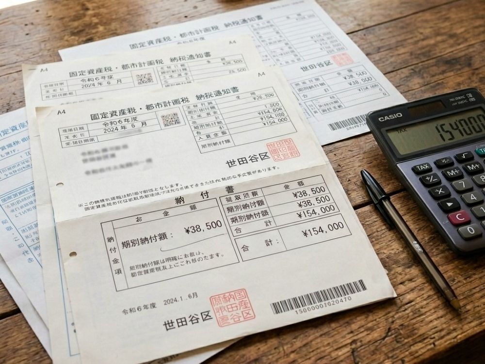 テーブルに置かれた固定資産税の納税通知書と電卓