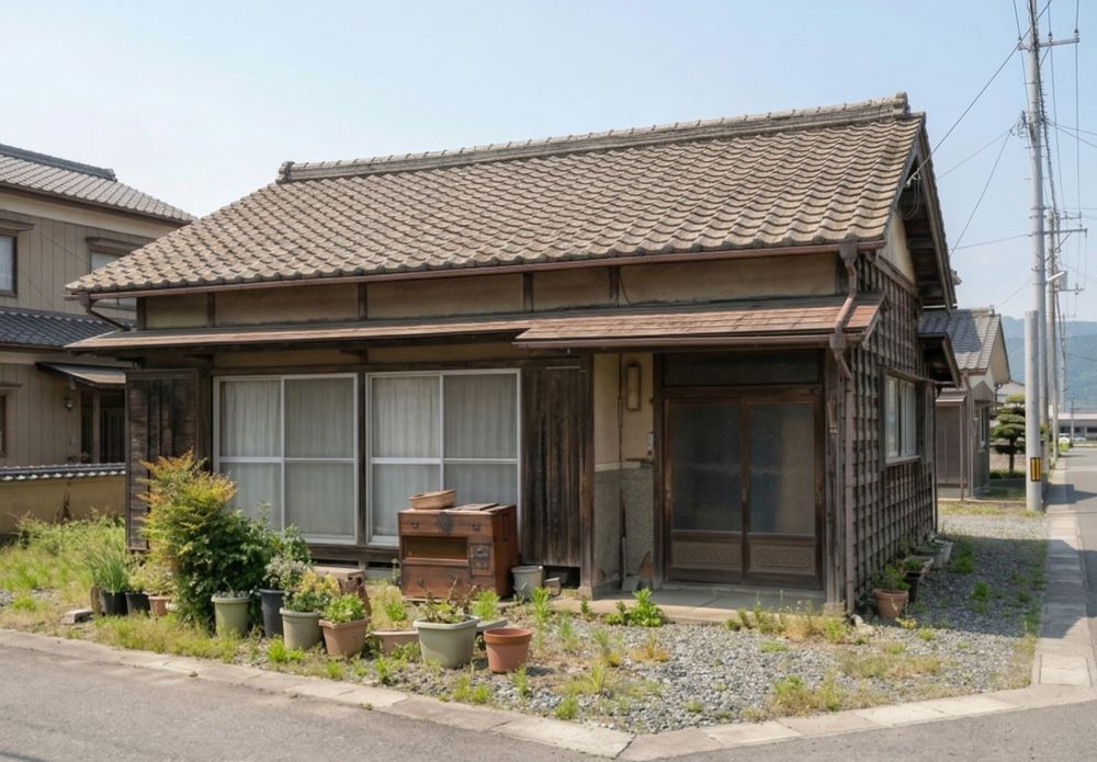 長い間手入れされていない古い木造平屋建ての戸建て住宅の外観