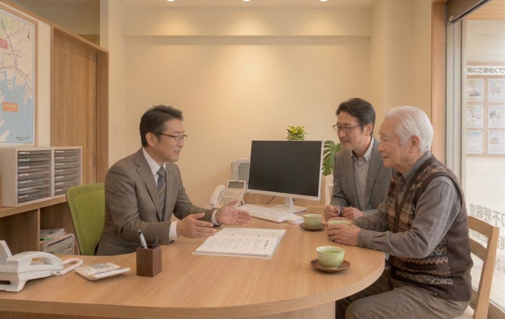 戸建ての敷地でメジャーを使い土地の境界確認と査定を行うスタッフ