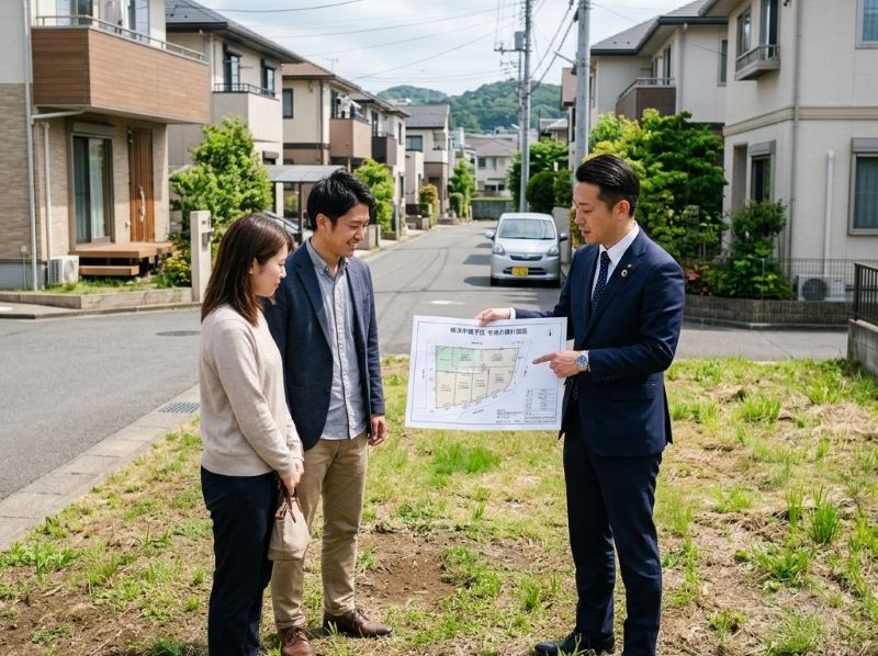 現地で土地を確認し売り方を提案するスタッフ