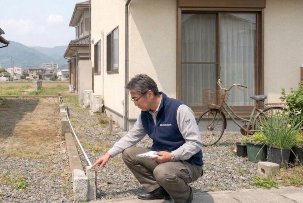 住宅の敷地でメジャーを使い土地の境界確認と査定を行う不動産会社スタッフ