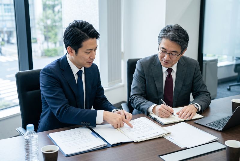 店舗のカウンターで相続した不動産の売却について家族と相談する担当者